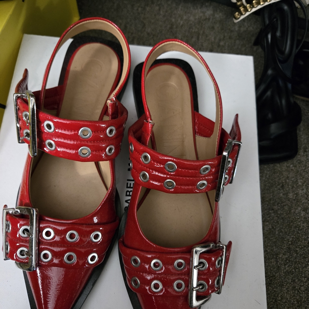 Ganni Red Patent Leather Flats with Buckles